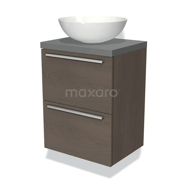 Modulo Plato Slim Vanity units for countertop basin | 50 cm Dark brown oak Flat front Mid grey worktop 2 Stacked drawers BMK37-00213