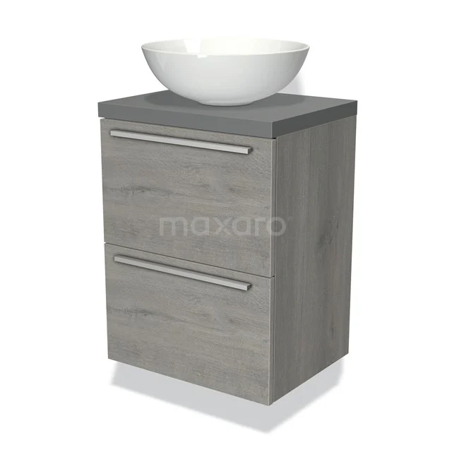 Graues Holz-Badezimmermöbel mit zwei Schubladen und einem weißen Keramik-Aufsatzwaschbecken, perfekt für eine moderne Badezimmergestaltung.