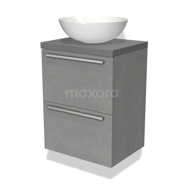 Grau Badmöbel mit Betonlook, runde weiße Aufsatzwaschbecken, 2 Schubladen und chromene Haltegriffe, modernes und kompaktes Design.