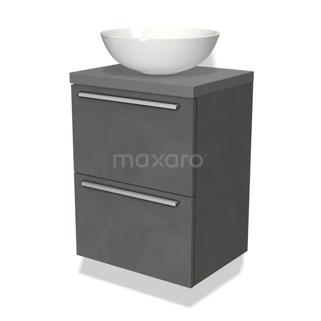 Graue Badmöbelset mit Betonlook, zwei Schubladen und einem weißen keramischen Waschbecken oben drauf. Modernes und kompaktes Design.