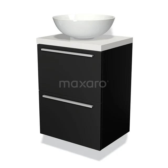 Schwarzes Badmöbel mit weißer Waschbecken, elegantes Design, chromfarbene Haltegriffe, perfekt für einen modernen Badezimmerstil.