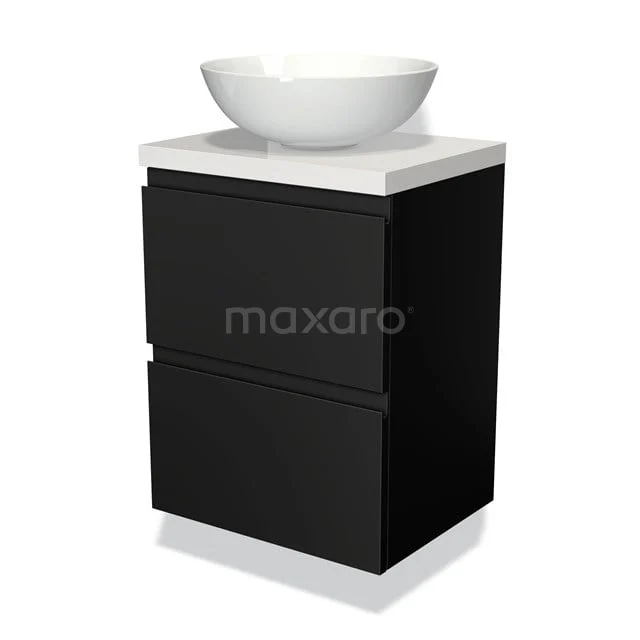Schwarze Badmöbelset mit matt schwarzem Schubladenschrank, weißem keramischen Waschbecken und klarem Design für moderne Bäder.
