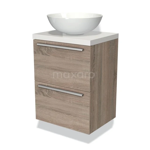 Modulo Plato Slim Vanity units for countertop basin | 50 cm Oak Flat front High-gloss white worktop 2 Stacked drawers BMK37-00234