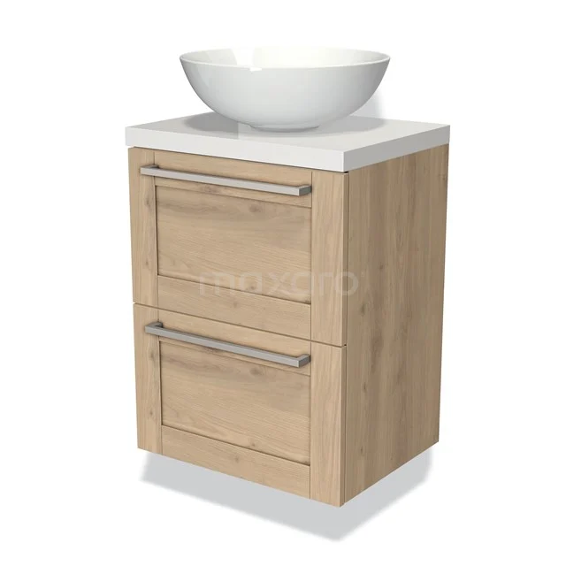 Badmöbel mit Konsole 50cm Modulo Plato Slim Hellbraune Eiche 2 Schubladen Rahmen BMK37-00239 Holz Badezimmermöbel mit zwei Schubladen und weißem Aufsatzwaschbecken, kompaktes Design, ideal für stilvolle und funktionale Badezimmerräume.