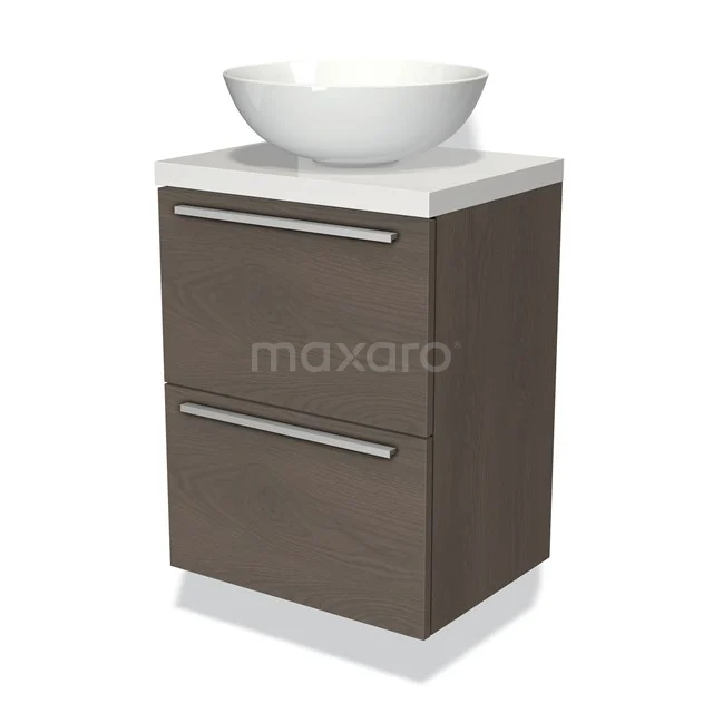 Moderne Badmöbel Set mit dunklen Schubladen, weißem Waschbecken und schlichten Haltegriffen. Perfekt für kompakte Bäder.