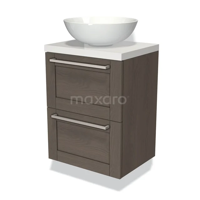 Wooden bathroom unit with two drawers, white vanity units for countertop wash basin and chrome handles, ideal for modern bathroom design.