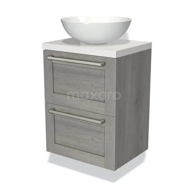 Graue Holz-Badmöbelset mit zwei Schubladen und einem weißen Aufsatzwaschbecken, ideal für moderne Badezimmer-Einrichtungen.