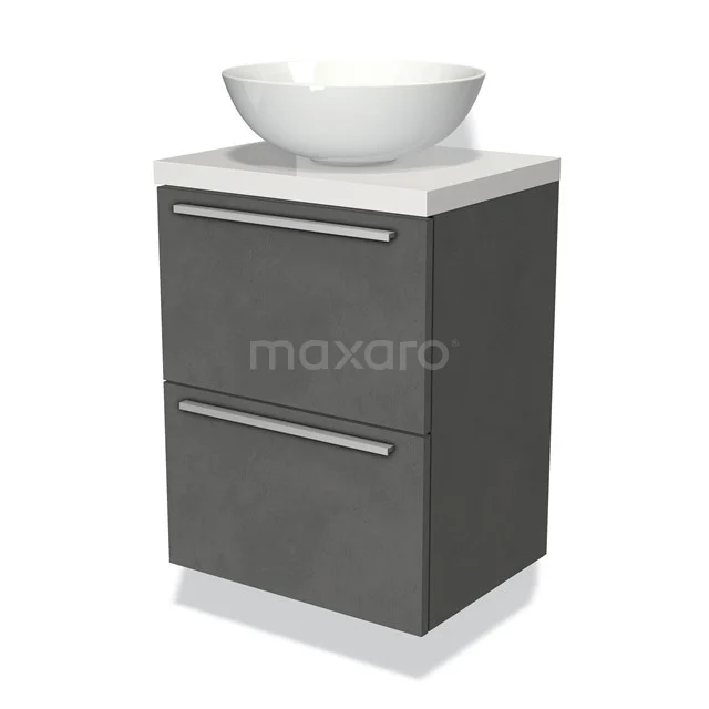 Graue Badmöbelset mit Betonlook, weißem keramischen Aufsatzwaschbecken und 2 Schubladen mit schlichten Haltegriffen.