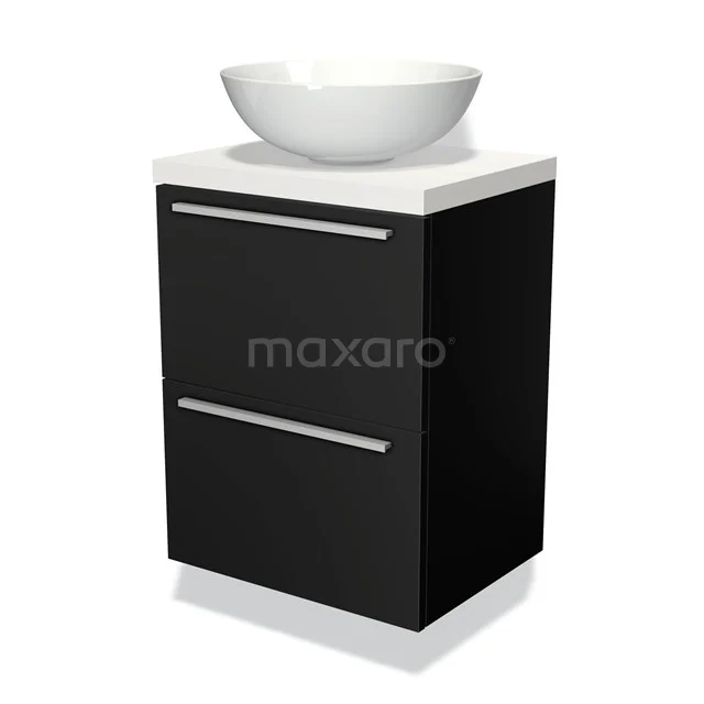 Schwarz Badmöbel mit weißem keramischen Aufsatzwaschbecken, modernes Design, zwei Schubladen und sauber verarbeiteten Haltegriffen.