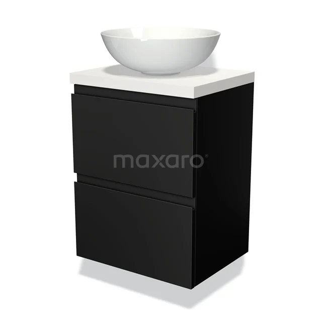 Schwarz Badmöbel mit keramischem Aufsatzwaschbecken, modernes Design, zwei Schubladen und weißer Platte, ideal für stilvolle Badezimmerinrichtung.