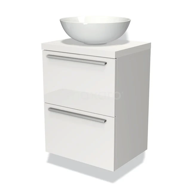Weißes Badezimmermöbel mit modernem keramischen Aufsatzwaschbecken, 2 Schubladen und glänzender Oberfläche. Elegantes und kompaktes Design.
