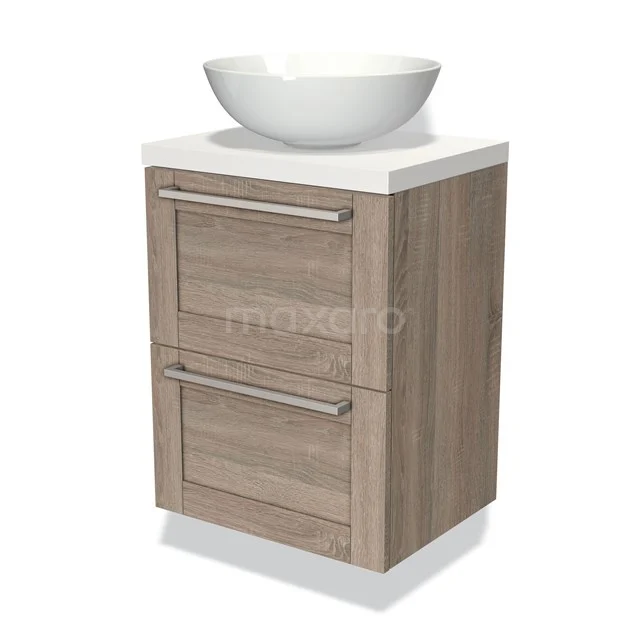 Wooden Bathroom unit with white surface-mounted washbasin, 2 drawers with metal handles, compact design, ideal for modern bathrooms.