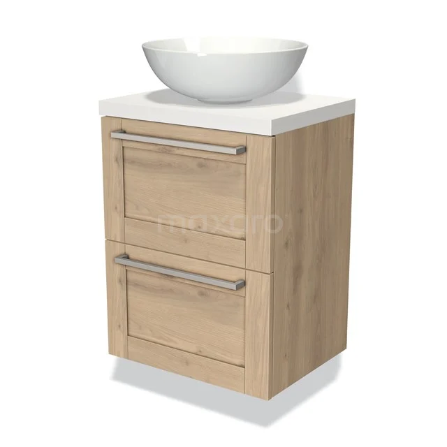 Wooden bathroom cabinet with 2 drawers and white basin bowl, modern design, ideal for compact bathrooms.