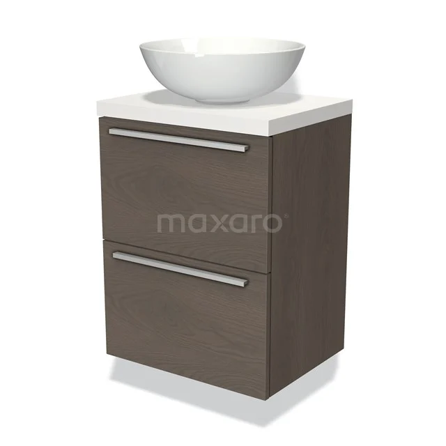 Moderne Holz Badmöbel mit weißem Aufsatzwaschbecken, 2 Schubladen und schlankem Design, ideal für eine stilvolle Badezimmer Einrichtung.