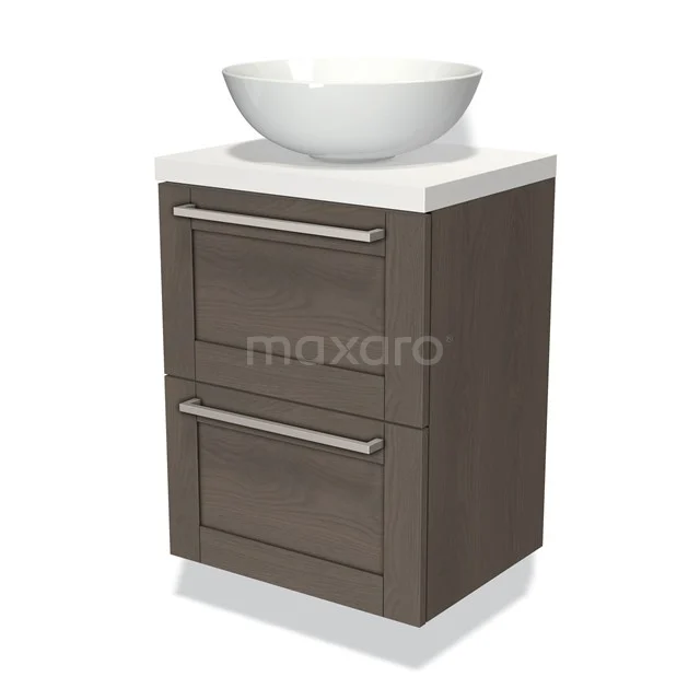 Kompakte Badmöbel Holzoptik mit weißem Waschbecken, zwei Schubladen und schlichten silbernen Haltegriffen. Perfekt für ein modernes Badezimmer.