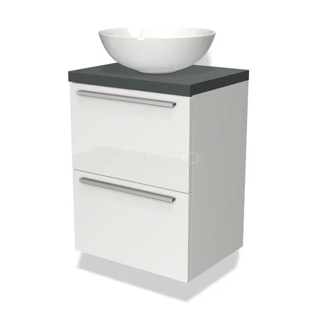 Weißes Badmöbel mit zwei Schubladen, graue Platte und einem runden keramischen Waschbecken. Modernes Design für ein stilvolles Badezimmer.