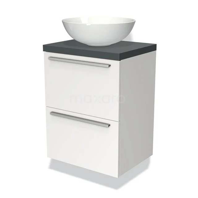 Weißes Badezimmermöbel mit zwei Schubladen, schwarzer Platte und runder keramischer Waschbecken. Modernes Design, perfekt für ein stilvolles Badezimmer.