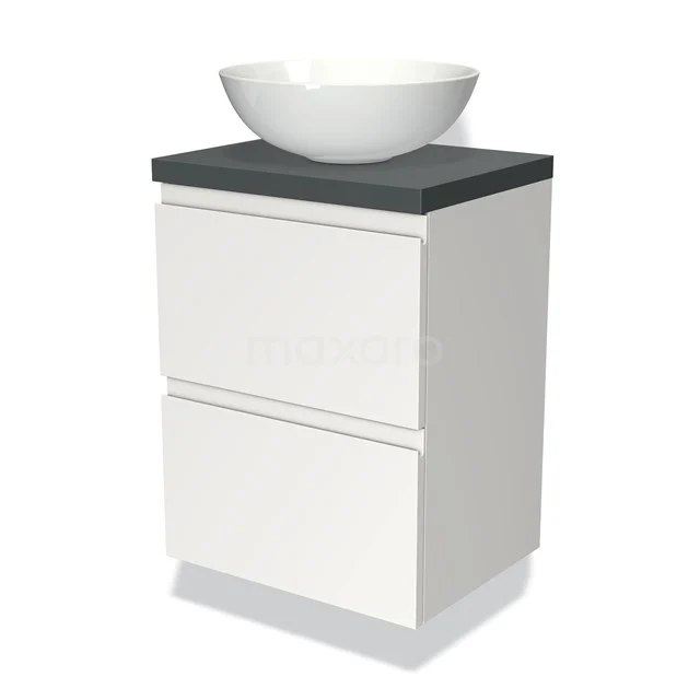 Weißes Badezimmermöbel mit grauer Waschtischplatte, keramischer Schüssel und zwei Schubladen, modernes Design für stilvolle Bäder.