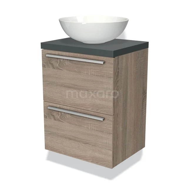 Holz-Badschrank mit zwei Schubladen, schwarzer Oberplatte und weißem Aufsatzwaschbecken, modernes Design.