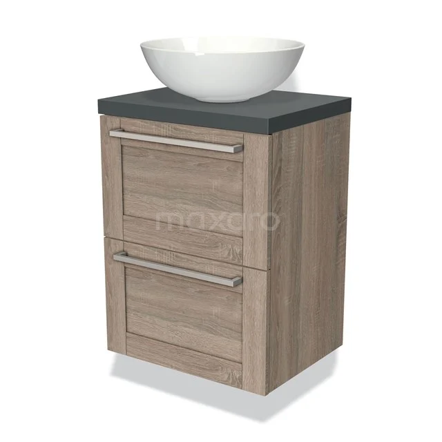 Wooden bathroom cabinet with two drawers, dark grey worktop and white round countertop wash basin, ideal for a modern bathroom.
