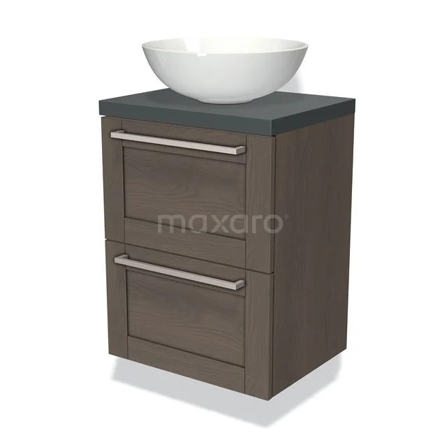 Brown wooden bathroom unit with two drawers, anthracite worktop and white bowl-shaped basin, modern and compact design.