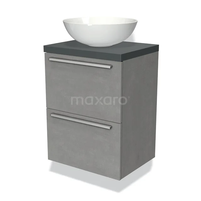 Waschtischunterschrank mit Konsole 50cm Modulo Plato Slim hellgrauer Beton 2 Schubladen Flach BMK37-00304 Grauer Badschrank mit mattem Betonlook, zwei Schubladen und weißem keramischen Waschbecken; modernes Design für stilvolles Badezimmerinterieur.