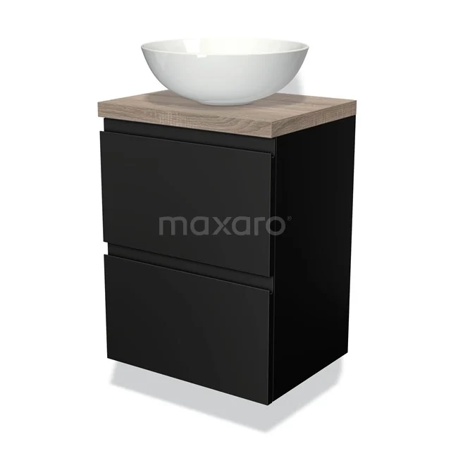 Schwarzer Badschrank mit Holzplatte, ausgestattet mit einem weißen Aufsatzwaschbecken; modernes Design, idealer Stauraum für das Badezimmer.