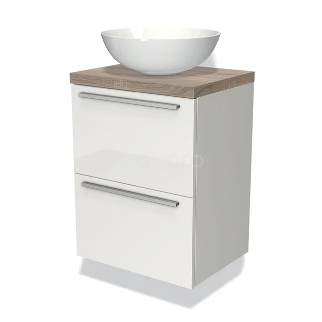 Modulo Plato Slim Vanity units for countertop basin | 50 cm High-gloss white Flat front Oak worktop 2 Stacked drawers BMK37-00341