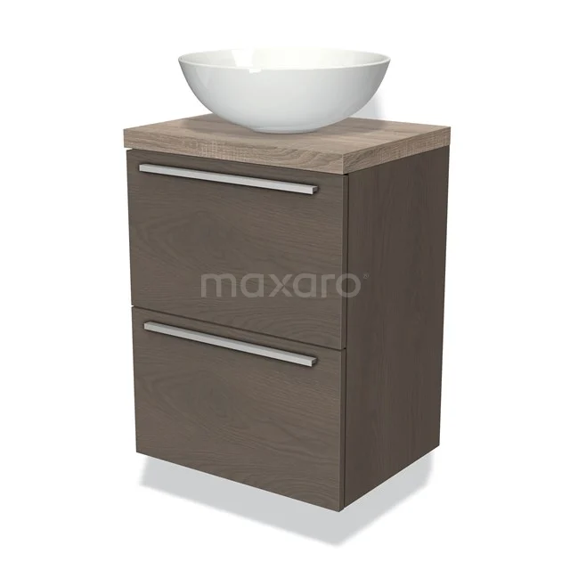 Compact badkamermeubel met houtlook, twee lades, en een witte ronde waskom. Perfect voor moderne badkamerinrichting.