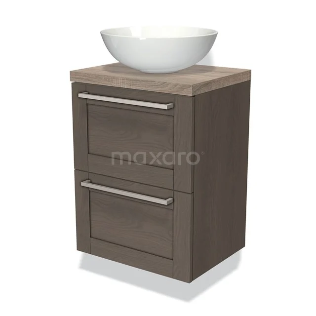 Compacte badkamermeubelset in houtlook met keramische wastafel, twee lades en moderne handgrepen.