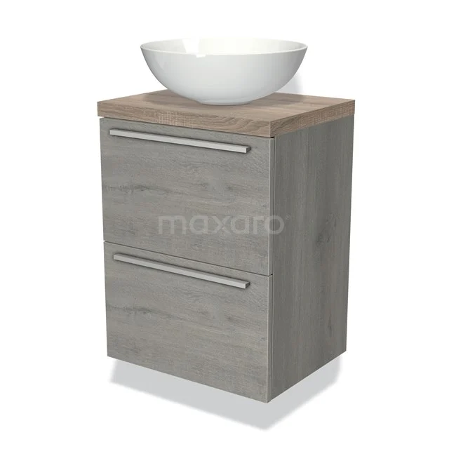 Grey wooden bathroom cabinet with basin, modern finish, two drawers and stylish chrome handles.