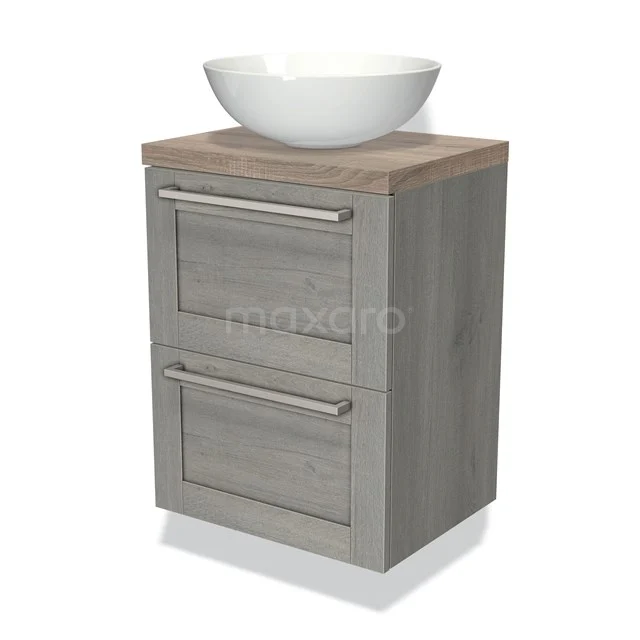 Wooden bathroom unit with countertop wash basin, grey oak look, modern design, two drawers with metal handles.