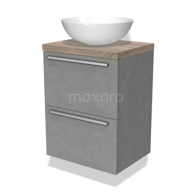 Compact grey bathroom unit with wood-look worktop, 2 drawers and a white round basin; ideal for modern bathroom design.