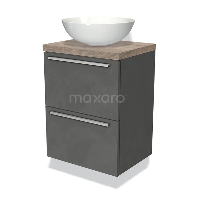 Grey bathroom unit with wood-look worktop, white round countertop wash basin and two drawers, ideal for stylish and functional bathrooms.