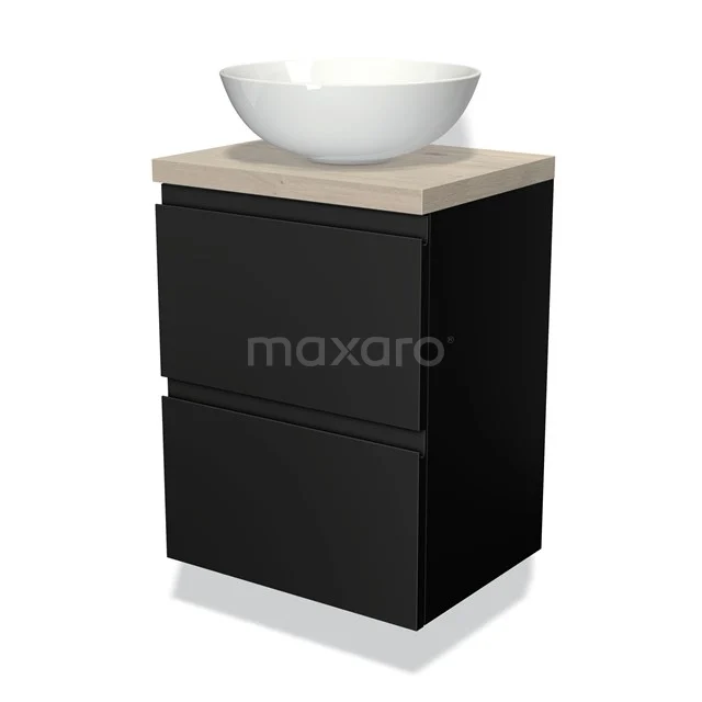 Schwarze Badmöbelset mit Holzlook Platte und weißem Aufsatzwaschbecken, ideal für ein modernes Badezimmer.