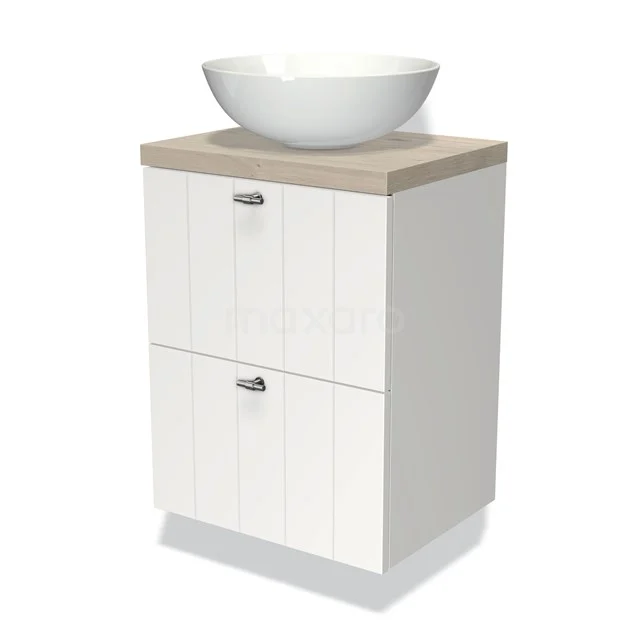 White wooden bathroom cabinet with vertical pattern, two drawers and a round ceramic basin on top.