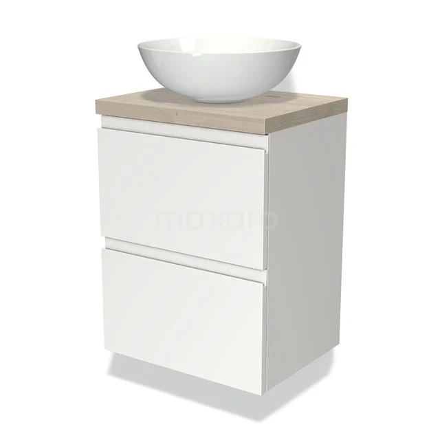 Modulo Plato Slim Vanity units for countertop basin | 50 cm Matte white Handle-less front Light grey oak worktop 2 Stacked drawers BMK37-00376