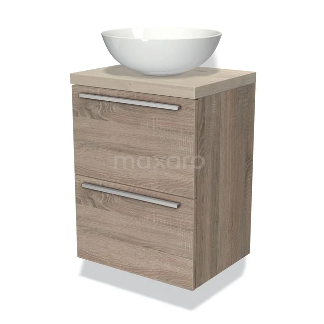 Hölzernes Badezimmermöbel mit Aufsatzwaschbecken, 2 Schubladen und rostfreien Haltegriffen, kompaktes Design, geeignet für moderne Bäder.