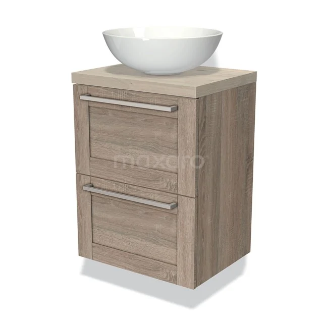 Bathroom unit oak with modern design, two drawers and white countertop wash basin. Stylish storage solution for any bathroom.