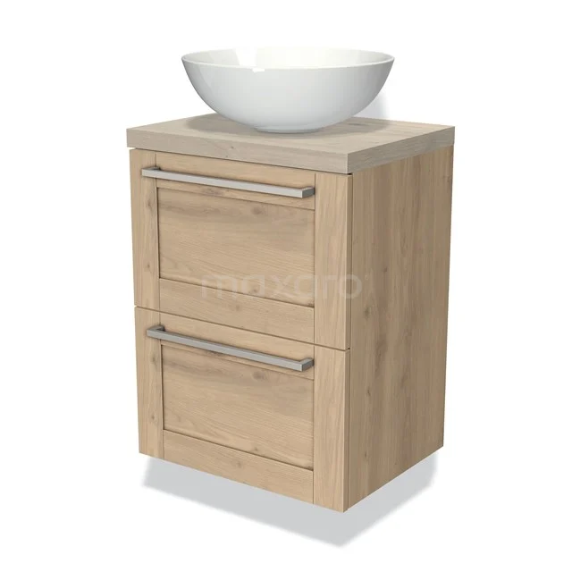 Badmöbel mit Konsole 50cm Modulo Plato Slim Hellbraune Eiche 2 Schubladen Rahmen BMK37-00386 Holz Badezimmermöbel mit zwei Schubladen und einem weißen Aufsatzwaschbecken, perfekt für einen modernen Stil.