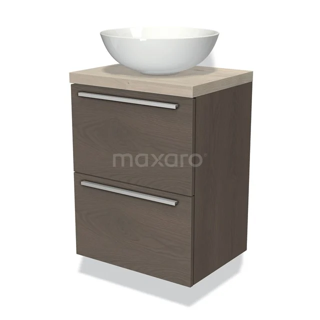 Holz Badezimmermöbel mit Aufsatzwaschbecken, weiße Keramikschale und zwei Schubladen, modernes Design für stilvolle Badezimmerlagerung.