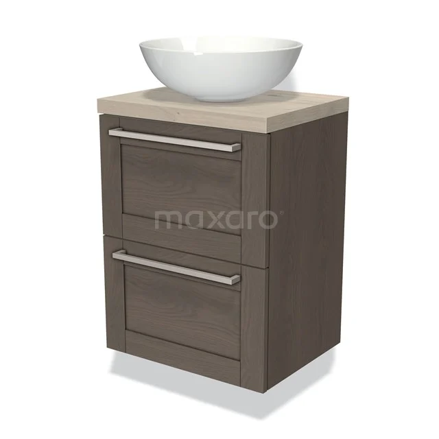 Modulo Plato Slim Vanity units for countertop basin | 50 cm Dark brown oak Frame front Light grey oak worktop 2 Stacked drawers BMK37-00390