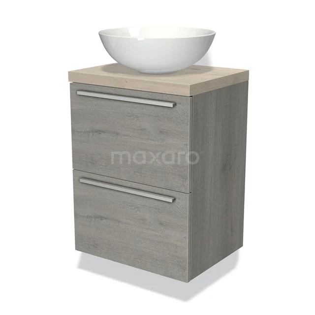 Modulo Plato Slim Badmöbel mit Aufsatzwaschbecken | 50 cm Graue Eiche Flach front Hellgraue Eiche blatt 2 übereinanderliegende Schubladen BMK37-00391 Holz-Badmöbel in grauer Eichenoptik mit einem weißen Aufsatzwaschbecken, ausgestattet mit zwei Softclose-Schubladen und einer modernen Verarbeitung.