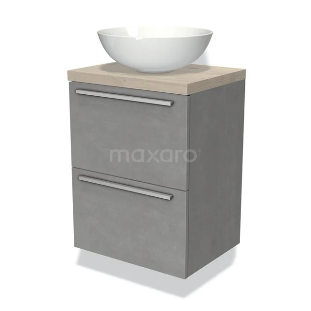 Graues Badezimmermöbel mit Holzlook Platte, keramischem Waschbecken und zwei Schubladen, modernes Design für stilvolle Bäder.