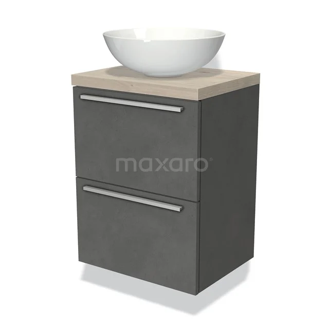 Badmöbel mit Konsole 50cm Modulo Plato Slim Dunkelgrau Beton 2 Schubladen Flach BMK37-00394 Graue Badmöbelset mit Betonlook, Holzplatte und weißem Aufsatzwaschbecken, ideal für ein modernes Badezimmer.