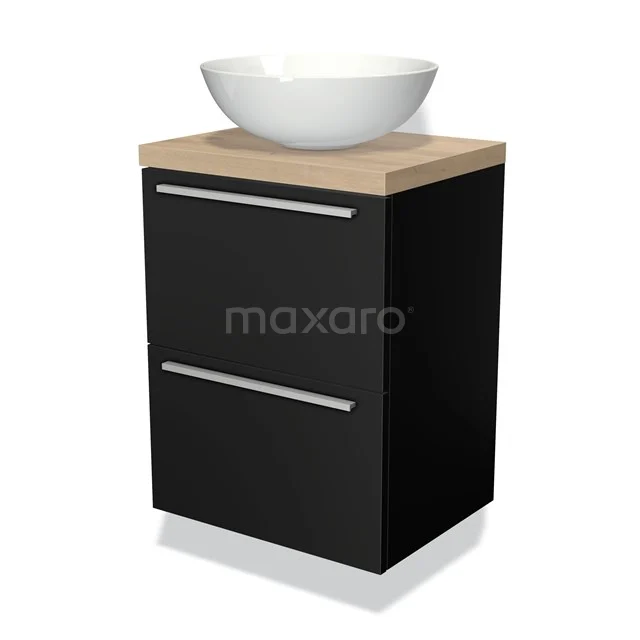 Modulo Plato Slim Vanity units for countertop basin | 50 cm Matte black Flat front Light brown oak worktop 2 Stacked drawers BMK37-00395