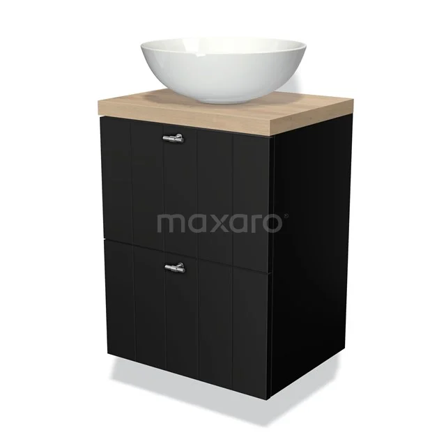 Black bathroom unit with wooden worktop and round white vanity units for countertop wash basin, modern design and ideal for compact bathrooms.