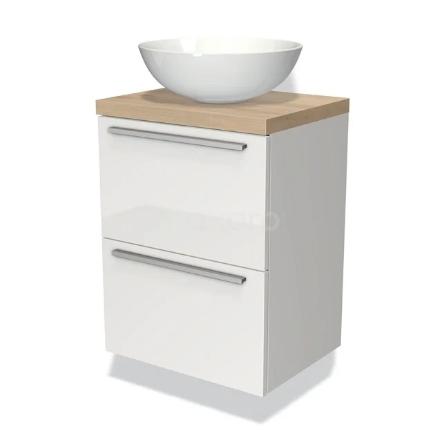 Modulo Plato Slim Vanity units for countertop basin | 50 cm High-gloss white Flat front Light brown oak worktop 2 Stacked drawers BMK37-00401