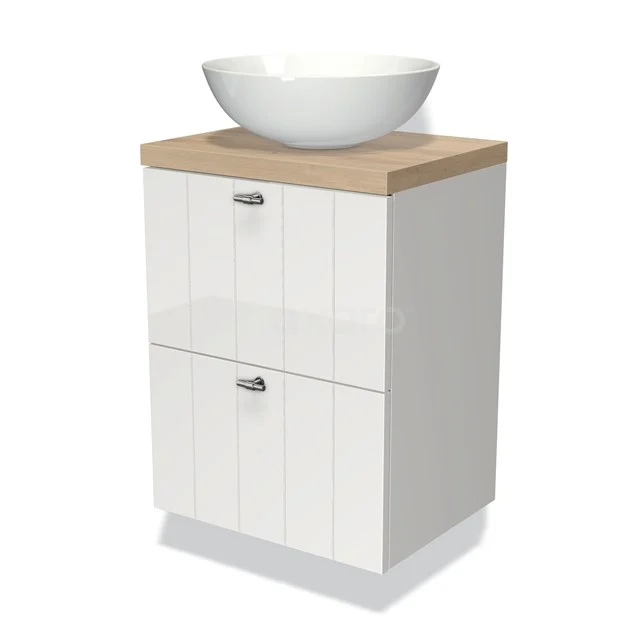 Modulo Plato Slim Vanity units for countertop basin | 50 cm High-gloss white Slat front Light brown oak worktop 2 Stacked drawers BMK37-00402 White bathroom unit with oak worktop, modern storage drawers and round ceramic countertop wash basin for a stylish bathroom.
