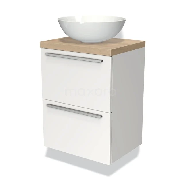 Modulo Plato Slim Vanity units for countertop basin | 50 cm Matte white Flat front Light brown oak worktop 2 Stacked drawers BMK37-00404